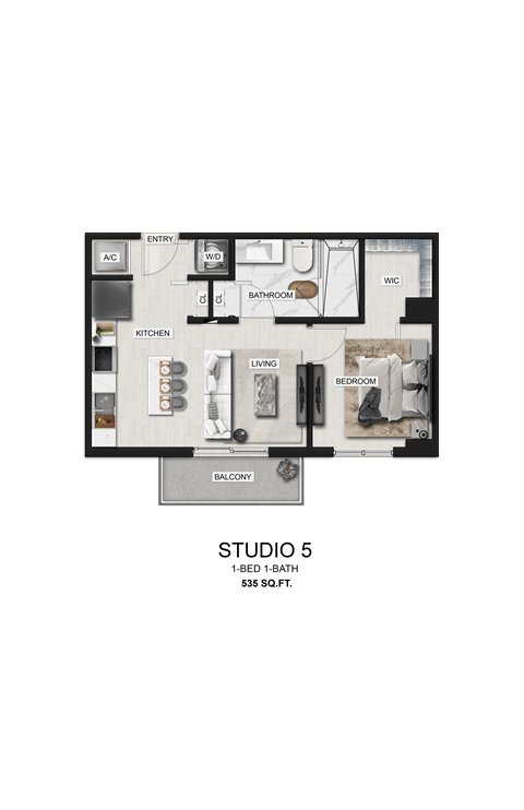 Floor plan for studio, 1 bath, 535 sqft